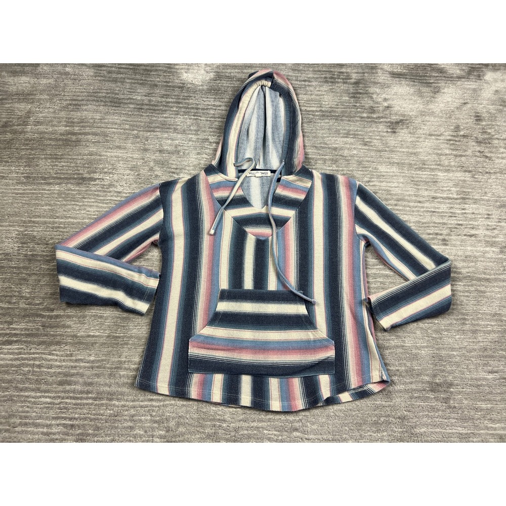 Wallflower Hoodie Womens M Blue Pink Striped Baja V-Neck Kangaroo Pocket Knit